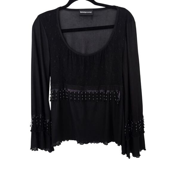 Marianne Black Sheer Beaded Fringe Top S Vintage 90s Boho Bell Sleeves - Picture 6 of 10